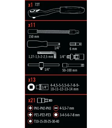 JUEGO VASOS COMPLETO 1/4" 46pcs RATIO