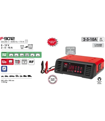 CARGADOR BATERIAS AUTOMATICO 9012 6-12V 2-10Amp (BAT.4-120A). TODO TIPO DE BATERIAS, INCLUIDAS LITIO