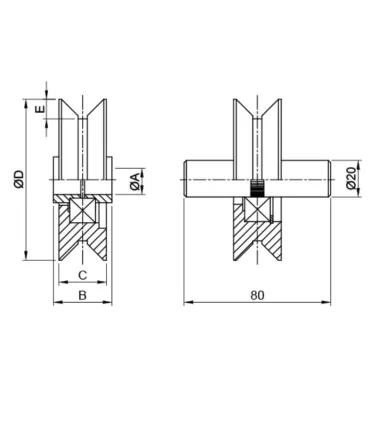 POLEA RUEDA GUIA PUERTA C/ROD 100X26 E-16 Canal Angular "V"