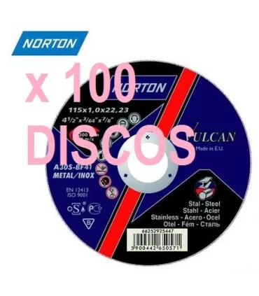 PACK 100 DISCOS CORTE ACERO+INOX 125x1x22 NORTON VULCAN