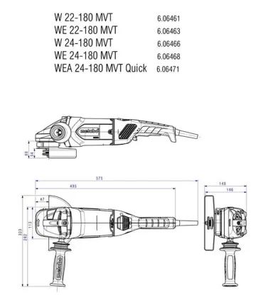AMOLADORA 2200W-Ø180 HOMBRE-MUERTO W 22-180 MVT (ANGULAR)