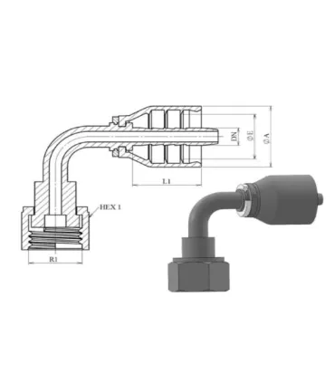 HEMBRA GIRATORIA  90° S.43 UNA SOLA PIEZA ORFS 9/16" 18H DN 1/4"