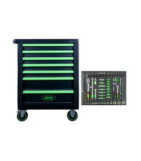CARRO JBM 7 CAJONES CON 108 HERRAMIENTAS. COLOR NEGRO-VERDE