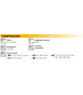 JUEGO VASOS 1/2" COMPACTO, PUNTAS Y CARRACA EXT. 38 PIEZAS