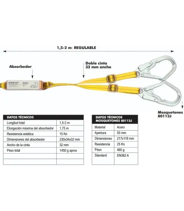 AMARRE DOBLE CINTA REGULABLE 1,5-2m C/ABSORBEDOR+GANCHOS