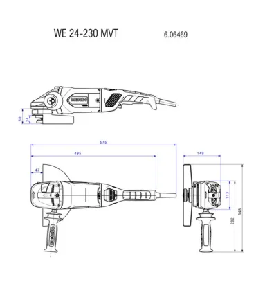 AMOLADORA WE24-230 MVT METABO 2400W ARRANQUE SUAVE, ANTIVIBRACION, BALANCEO, HOMBRE MUERTO, SIN LLAVES