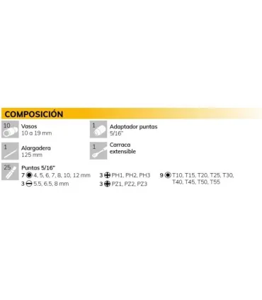 JUEGO VASOS 1/2" COMPACTO, PUNTAS Y CARRACA EXT. 38 PIEZAS