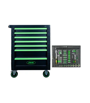 CARRO JBM 7 CAJONES CON 108 HERRAMIENTAS. COLOR NEGRO-VERDE