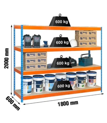 KIT ESTANTERIA SIMONFORTE 1806-4 2000x1800x600 cap. 600kg 4 NIVELES, CON MADERA