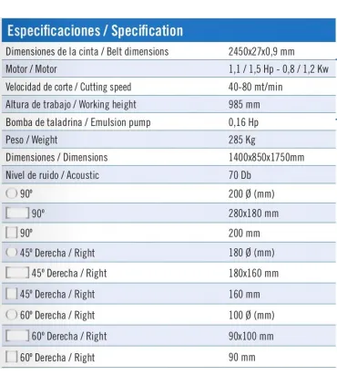 TRONZADORA SIERRA CINTA MG Mod. K280/M/BH. Manual, Capacidad 200 y 280x180. Giro 45/60.