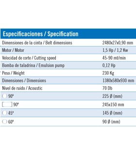 TRONZADORA SIERRA CINTA MG Mod. CY-270/N. Manual, Capacidad 225 y 245x150. Giro 45/60.