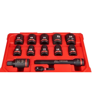 JUEGO 13 VASOS IMPACTO 1/2" MILWAKEE 10-24mm CORTOS