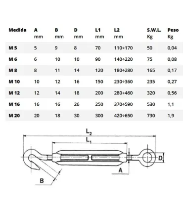 TENSOR ABIERTO GANCHO-ANILLA INOX M-6