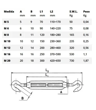 TENSOR ABIERTO GANCHO-GANCHO INOX 316 M8