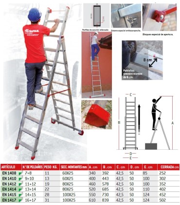 ESCALERA TRANSFORMABLE 2 TRAMOS 7+8PELD 3,92Mt EN1408
