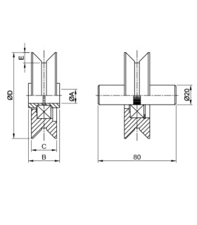 POLEA RUEDA GUIA PUERTA C/ROD 100X26 E-16 Canal Angular "V"