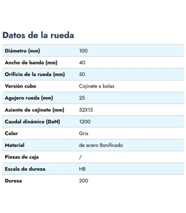 RUEDA HIERRO VAGONETA Ø100x50mm VALONA 125mm EJE 25mm CARGA 1200Kgs