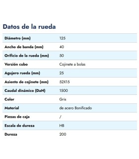 RUEDA HIERRO VAGONETA Ø125MM/VALONA 150MM ANCHO 50MM EJE 25MM 1500 KG