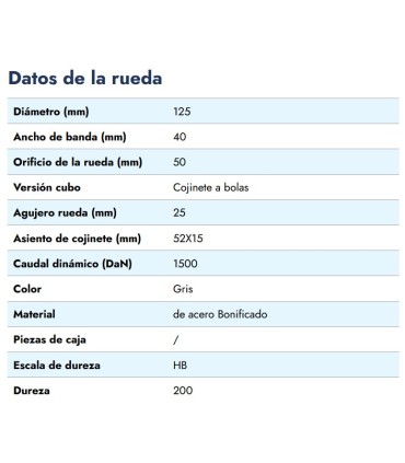 RUEDA HIERRO VAGONETA Ø125MM/VALONA 150MM ANCHO 50MM EJE 25MM 1500 KG