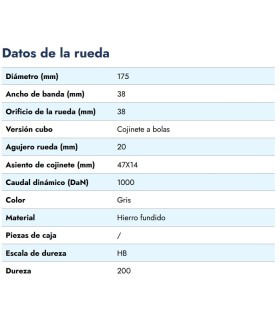 RUEDA HIERRO C/RODAMIENTO Ø 175X38 EJE 20MM 1000KG