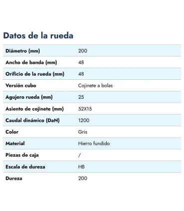 RUEDA HIERRO C/RODAMIENTO Ø 200X48 EJE 25MM 1200KG