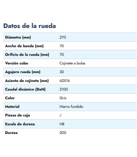 RUEDA HIERRO C/RODAMIENTO Ø 270X70 EJE 30MM 2100KG