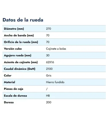 RUEDA HIERRO C/RODAMIENTO Ø 270X70 EJE 30MM 2100KG