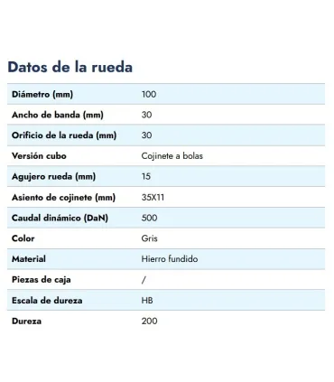 RUEDA HIERRO C/RODAMIENTO Ø 100X30 EJE 15MM 500KG