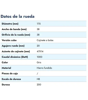 RUEDA HIERRO C/RODAMIENTO Ø 175X38 EJE 20MM 1000KG
