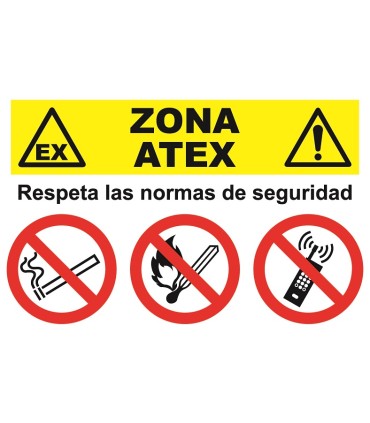 MULTISEÑAL ZONA ATEX 331x500mm PVC PROHIBIDO FUMAR , ENCENDER FUEGO Y MOVIL