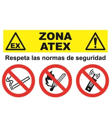 MULTISEÑAL ZONA ATEX 331x500mm PVC PROHIBIDO FUMAR , ENCENDER FUEGO Y MOVIL