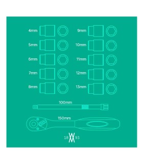 JUEGO LLAVE CARRACA 1/4 + VASOS DE 4 A 13mm