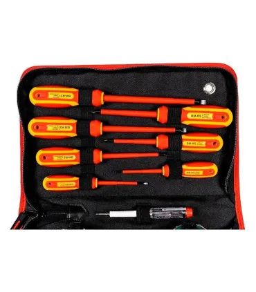 ESTUCHE 12 HERRAMIENTAS ELECTRICISTA 1000V. 7 DEST+1 BUSCA+ 4 ALICATES