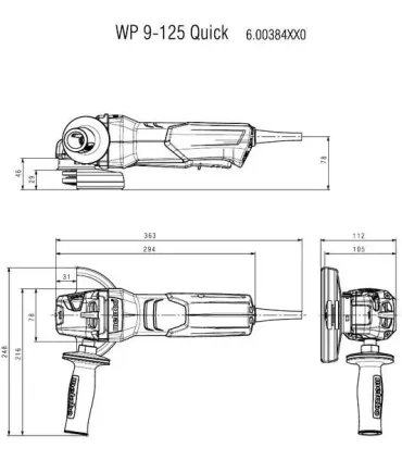 RADIAL METABO ANGULAR 900W C/INTERRUP.SEG Y H.MUERTO WP 9-125 SIN LLAVES QUICK